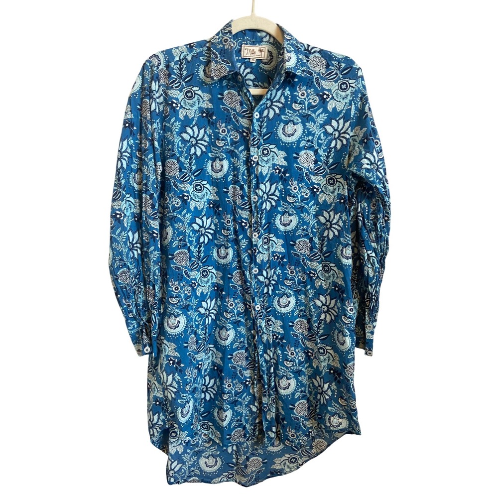 Mille Resort & Travel Blue Floral Block Print Cotton Button Down Shirt XS